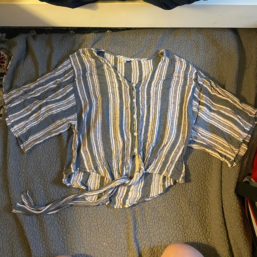 Blue and White Tie-Front V-Neck Shirt!